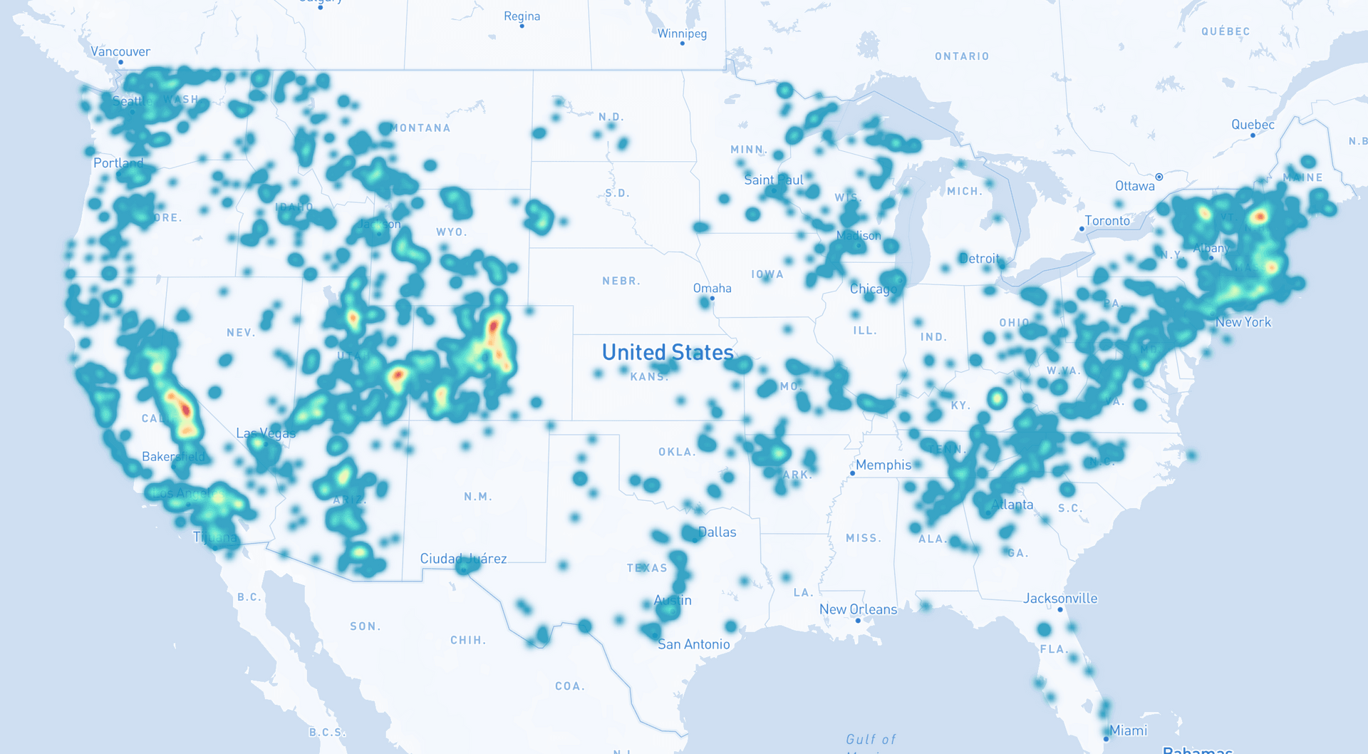 Heatmap of climbing areas in the US
